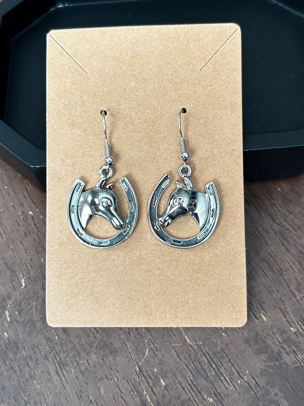 Equestrian Horseshoe & Horse Head Dangle Earrings - Silver Tone